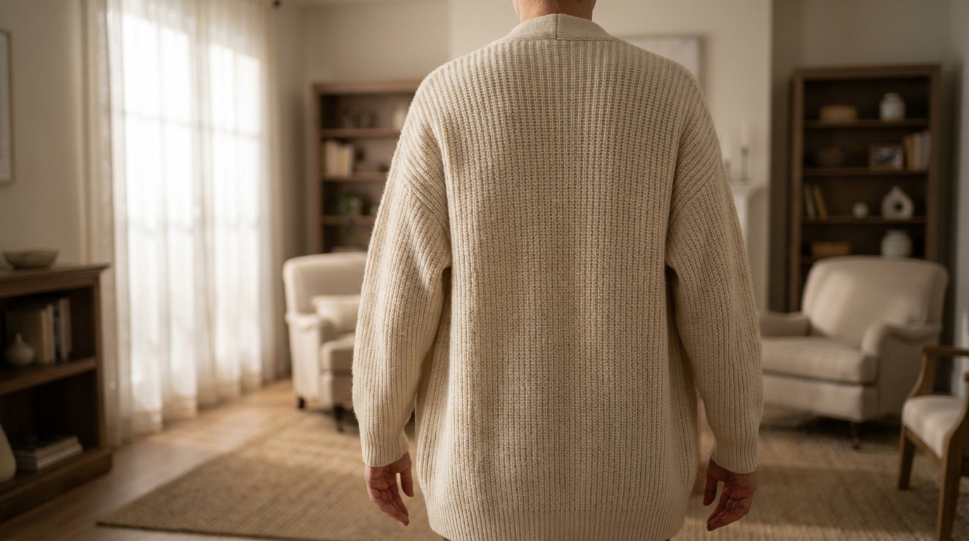 Vue arrière d'une femme portant un gilet en maille côtelée beige dans un intérieur cosy et lumineux.
