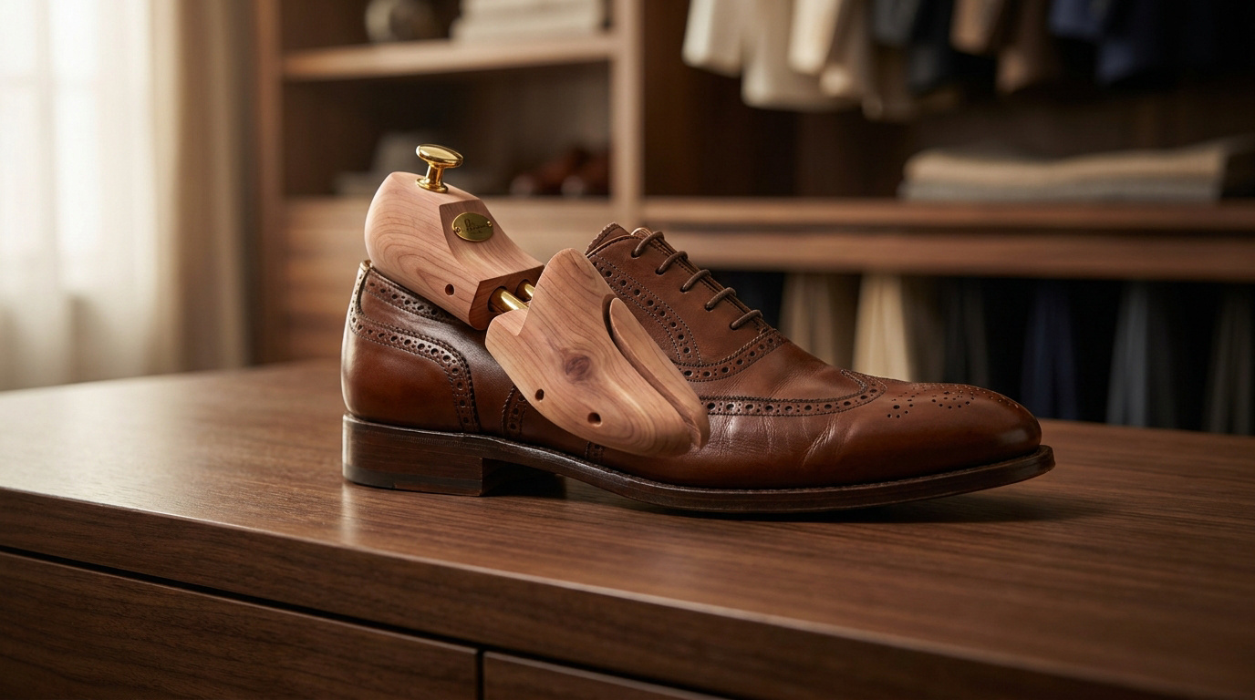 Un soulier richelieu en cuir marron avec un embauchoir en cèdre. Le soulier est posé sur une surface en bois avec un dressing flou en arrière-plan.
