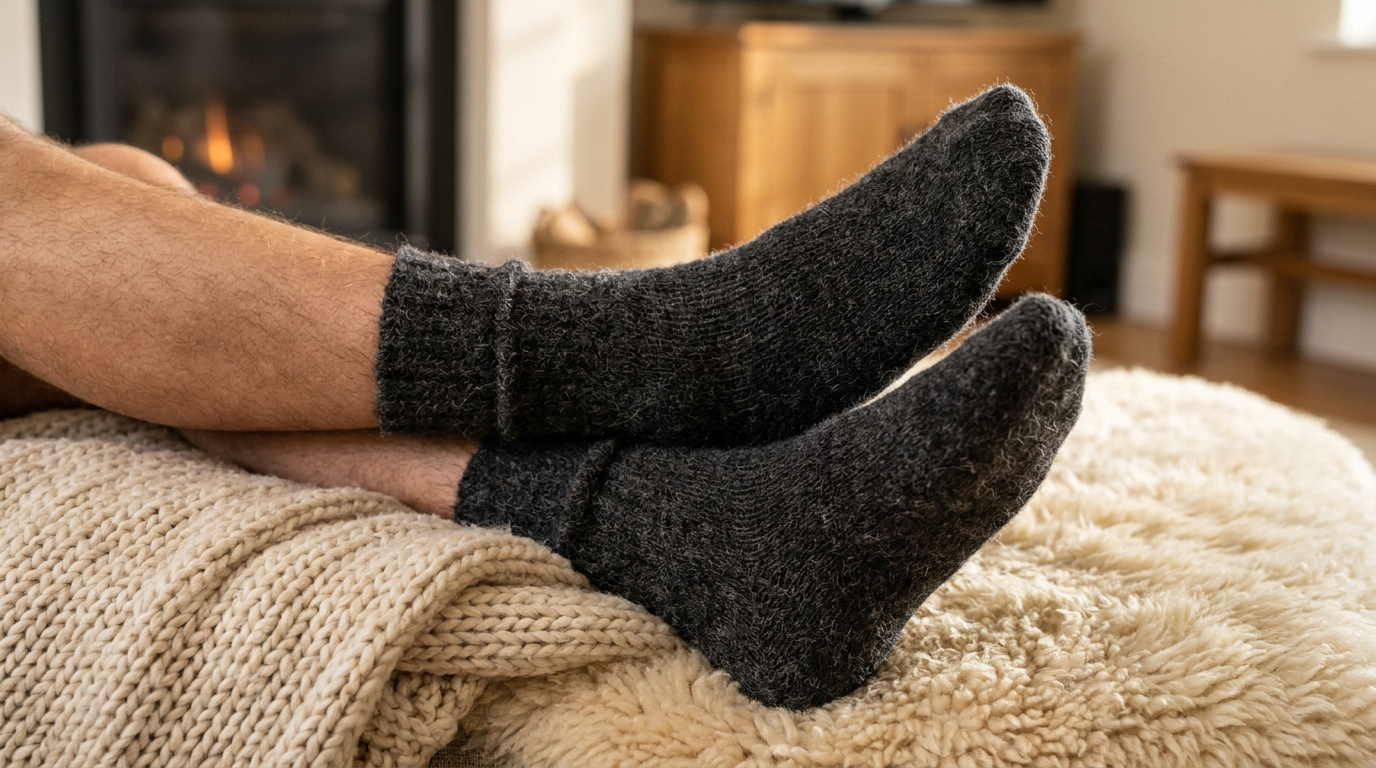 Pieds d'homme portant des chaussettes en laine anthracite, posés sur un pouf en fausse fourrure devant une cheminée.