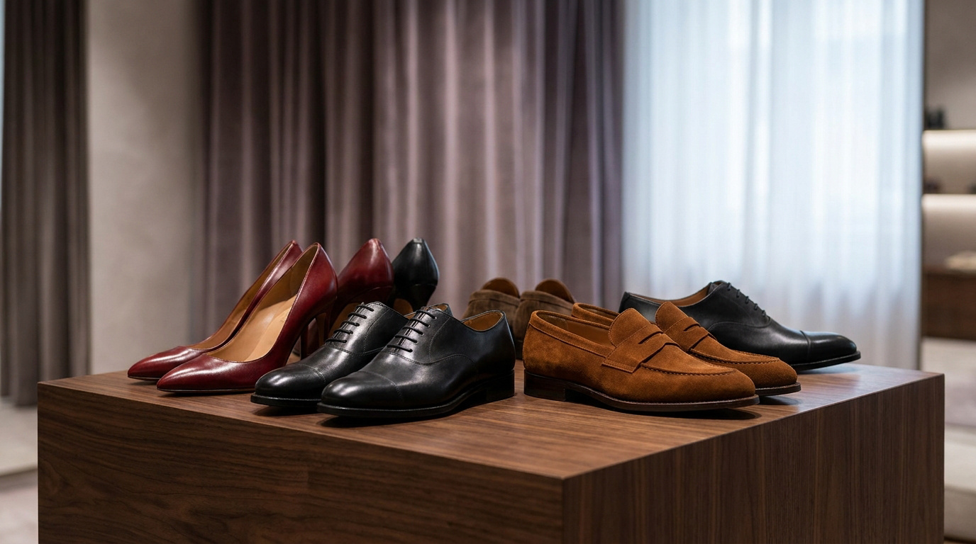 Talons rouges, escarpins noirs, richelieus en cuir noir et mocassins en daim marron exposés sur un meuble en bois foncé.