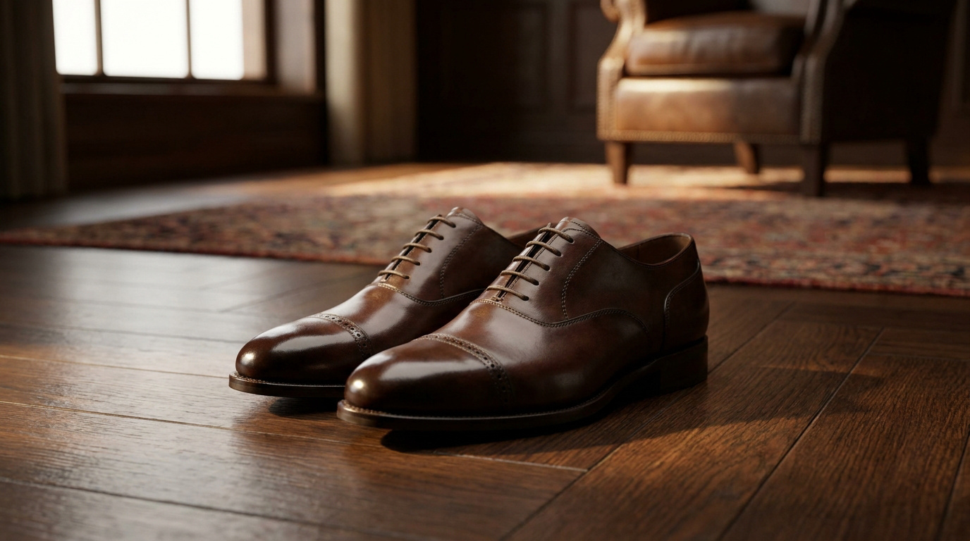 Paire d'Oxfords cap-toe en cuir marron foncé très poli, reposant sur un parquet en bois. Ambiance intérieure raffinée en arrière-plan.