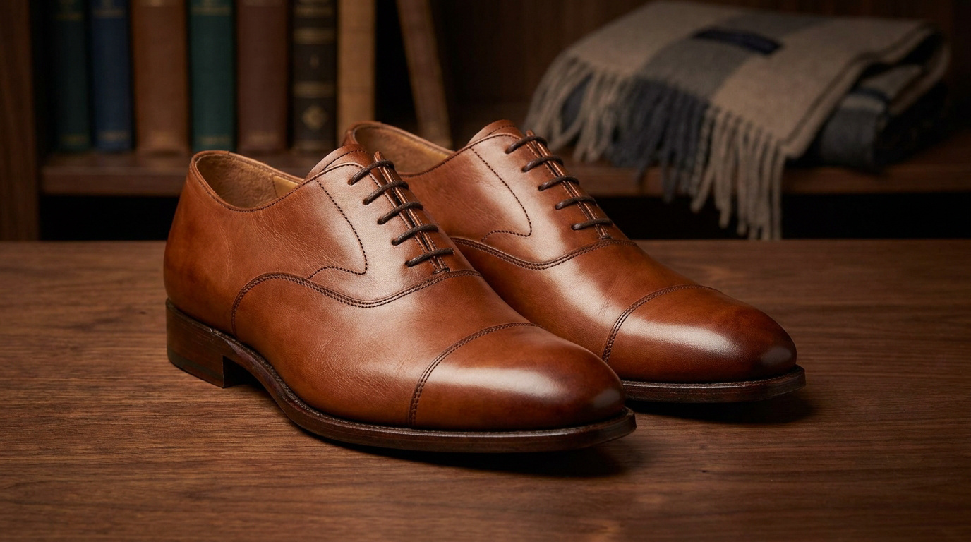 Une paire de chaussures richelieu en cuir marron clair (cognac) posées sur une table en bois. En arrière-plan, des livres et un plaid.