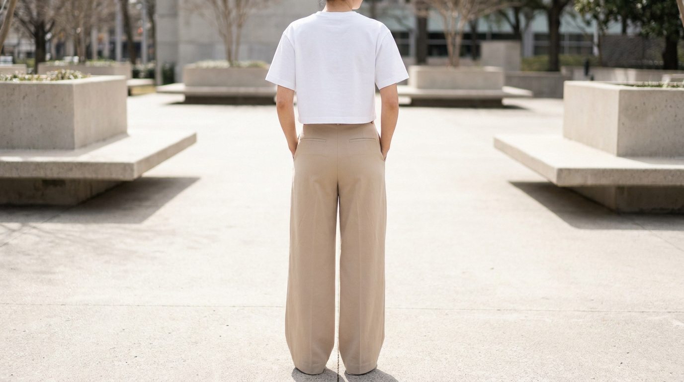 Vue arrière d'une personne portant un t-shirt crop top blanc et un pantalon large beige dans un espace urbain.