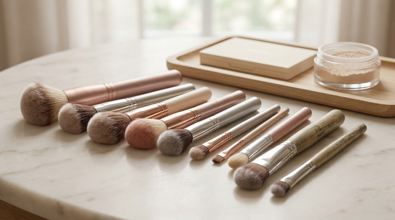Une sélection de pinceaux de maquillage variés alignés sur une table en marbre, avec une poudre et un boîtier en arrière.