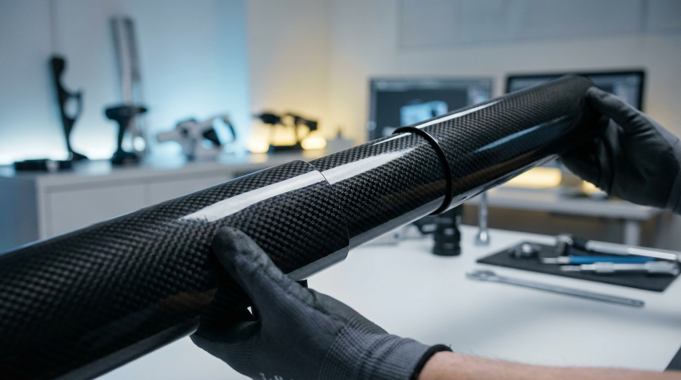 Mains gantées tenant un tube télescopique noir en fibre de carbone. L'objet reflète la lumière, avec un motif de tissage visible, dans un atelier.