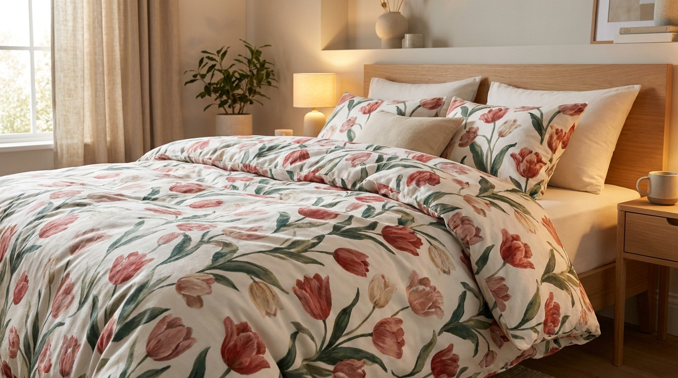 Une chambre chaleureuse avec une housse de couette en flanelle ornée d'un motif de tulipes rouges et beiges.