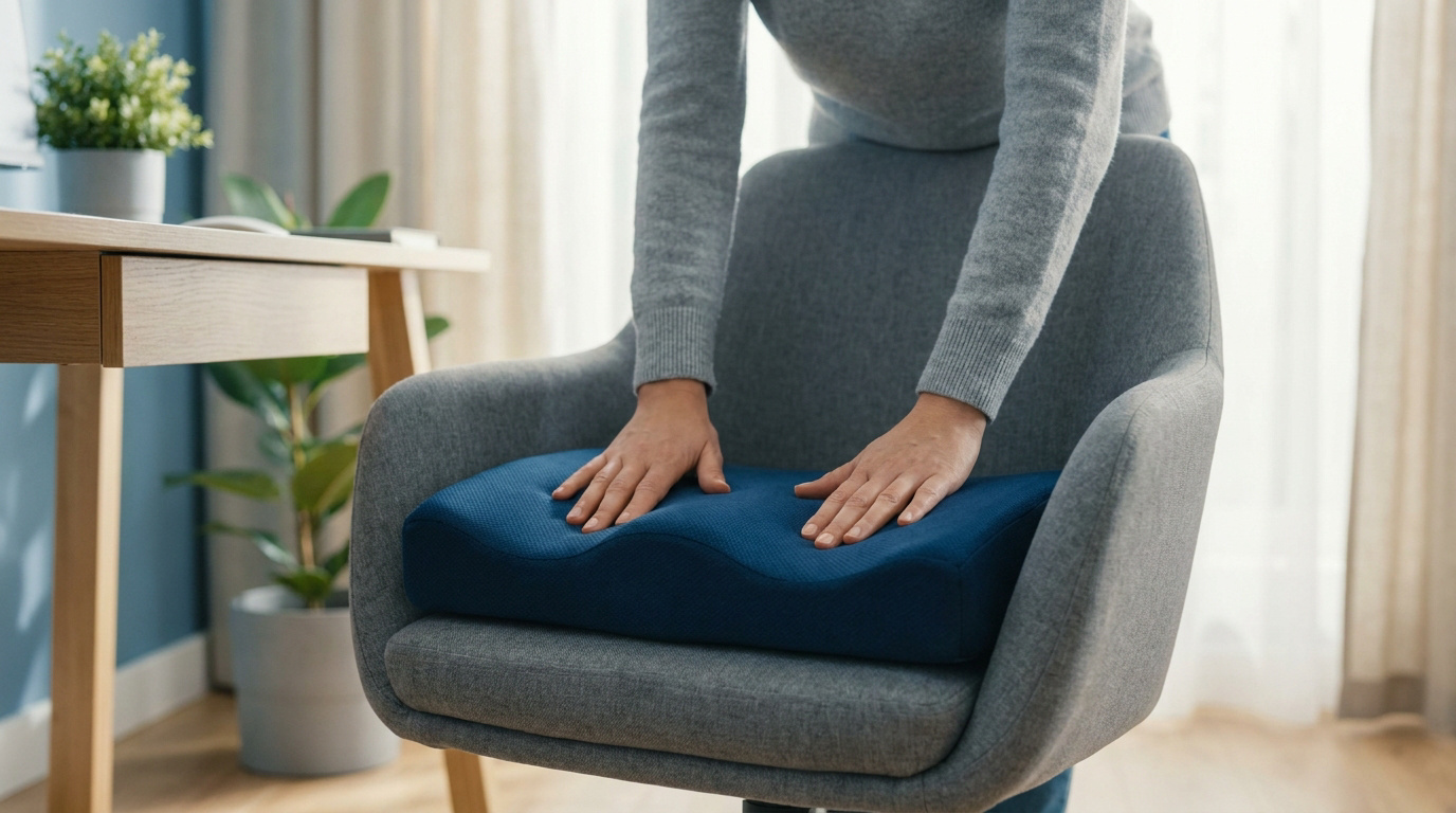 Une personne ajuste un coussin ergonomique bleu en mousse à mémoire de forme sur une chaise de bureau.
