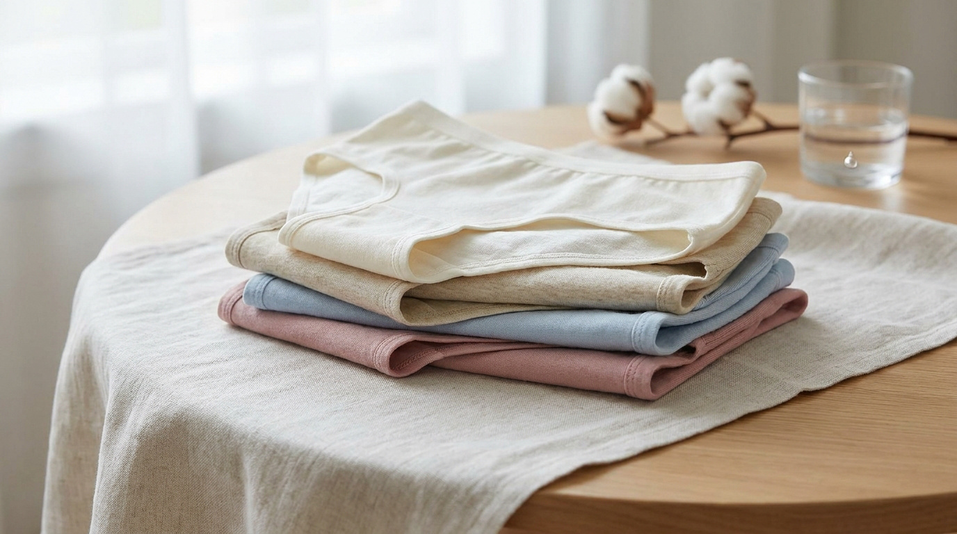 Pile de culottes en coton aux tons doux sur une table en bois près d'une fenêtre.
