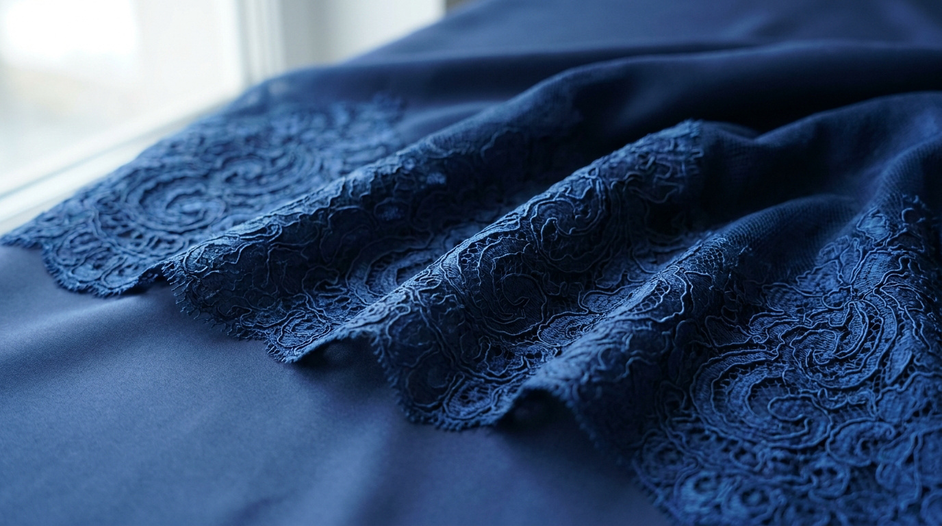 Gros plan sur un tissu bleu marine élégant avec des détails en dentelle florale complexe.