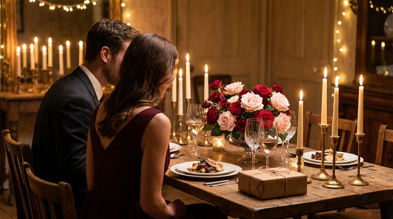 Vue de dos d'un couple dînant aux chandelles. La table est ornée de roses, de bougies scintillantes, de mets et d'un cadeau. Ambiance romantique.