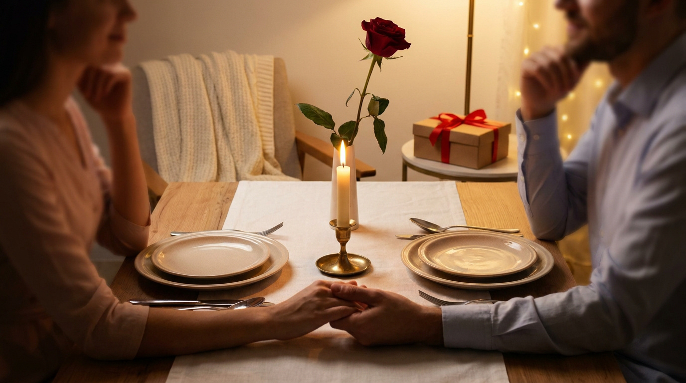 Un couple à table, mains jointes, pour un dîner de Saint-Valentin. Rose, bougie et cadeau créent une ambiance intime.