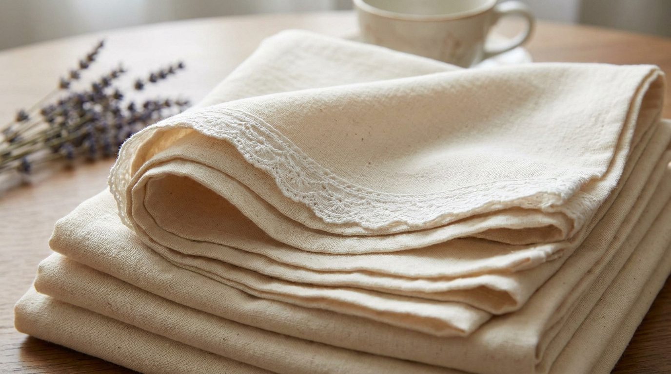 Pile de tissus en coton beige avec des détails en dentelle délicate posée sur une table en bois.