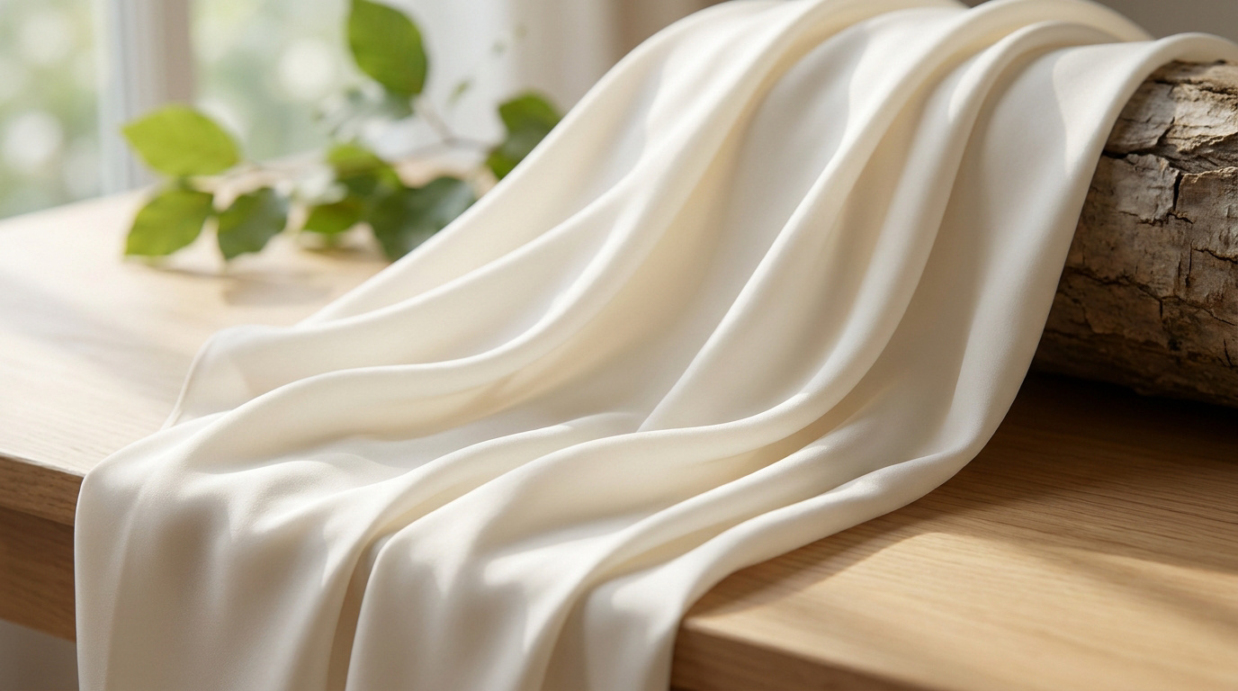 Tissu modal fluide de couleur crème drapé sur une table en bois clair, avec un tronc d'arbre et des feuilles vertes floues en arrière-plan.
