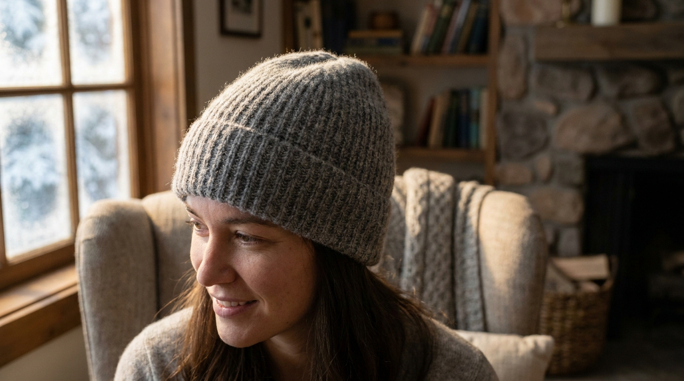 Une femme souriante portant un bonnet en cachemire gris côtelé, assise près d'une fenêtre dans une ambiance cosy.