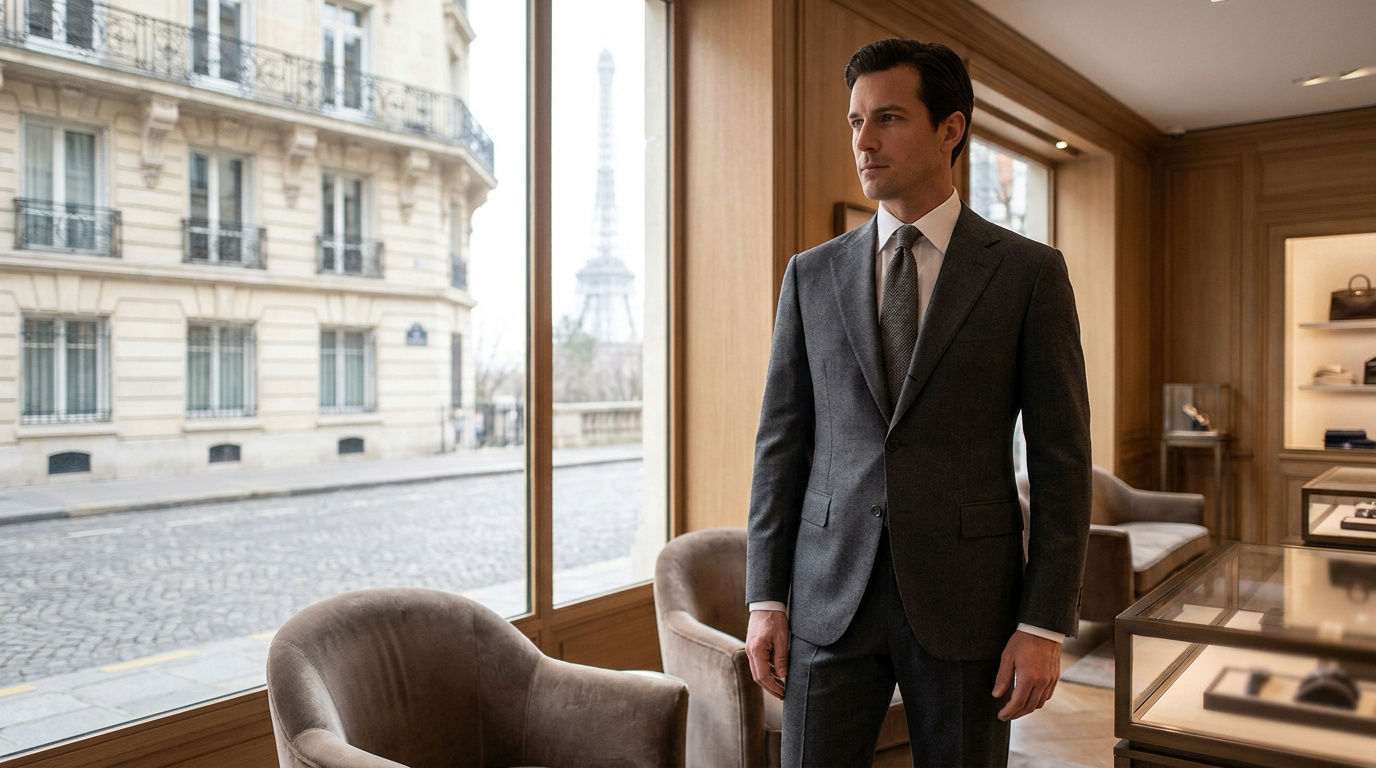 Homme élégant en costume gris dans une boutique parisienne avec vue sur la Tour Eiffel et un immeuble haussmannien.