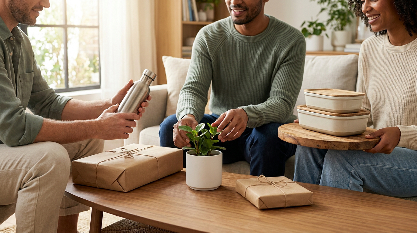 Trois amis heureux échangeant des cadeaux durables : gourde en inox, plante et boîtes à lunch réutilisables sur une table basse.
