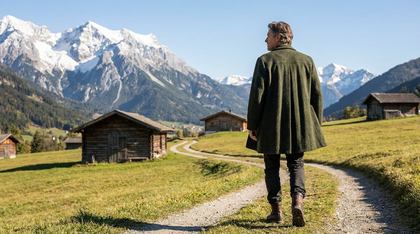 Homme de dos, en manteau loden vert, marchant sur un chemin de terre dans un paysage alpin avec montagnes enneigées et chalets.