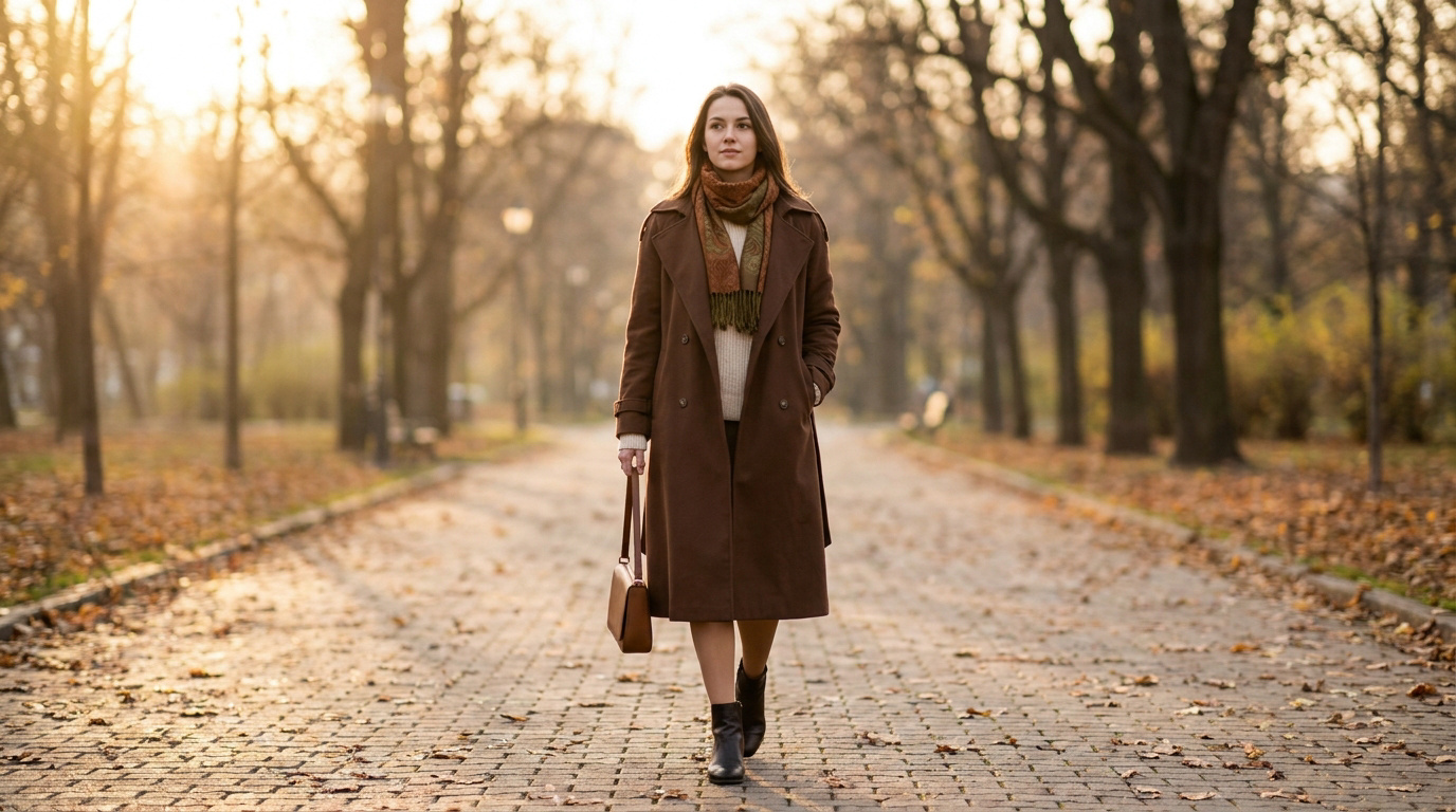 Femme en manteau marron, pull crème, écharpe à motifs et bottines, marchant dans une allée d'automne baignée de soleil.