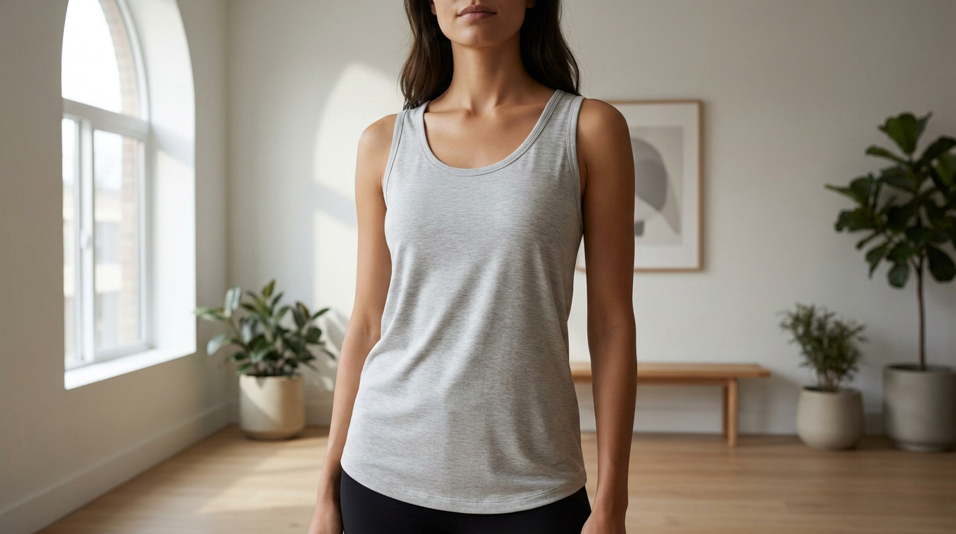 Femme portant un débardeur en coton gris à col rond dans un intérieur minimaliste.