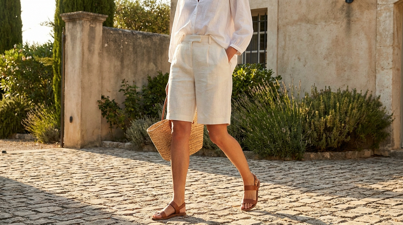 Une femme porte un bermuda en lin blanc et une chemise assortie, marchant sur des pavés devant une maison en pierre.