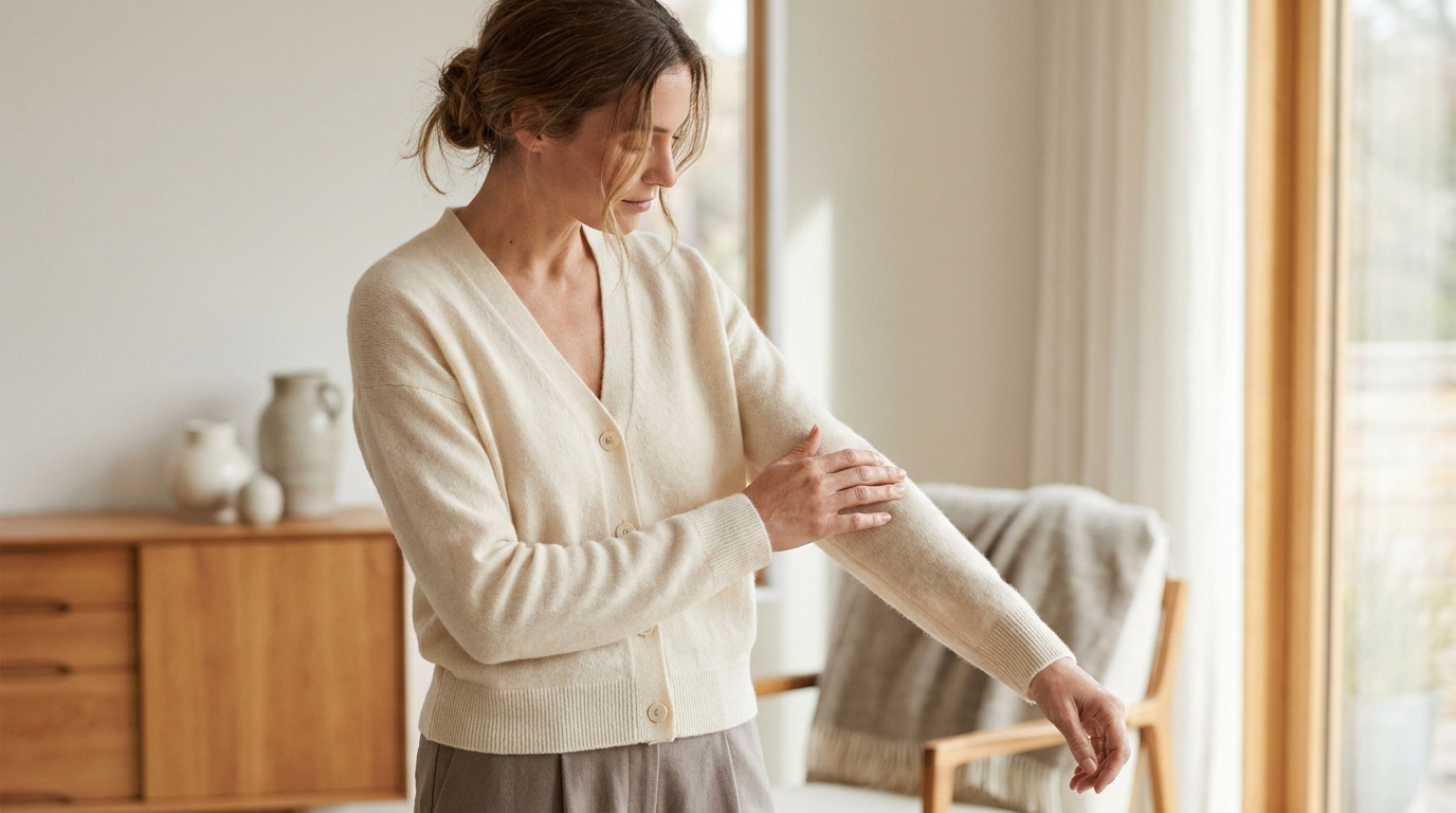 Femme touchant la texture douce d'un gilet en cachemire beige dans un intérieur lumineux et chaleureux.
