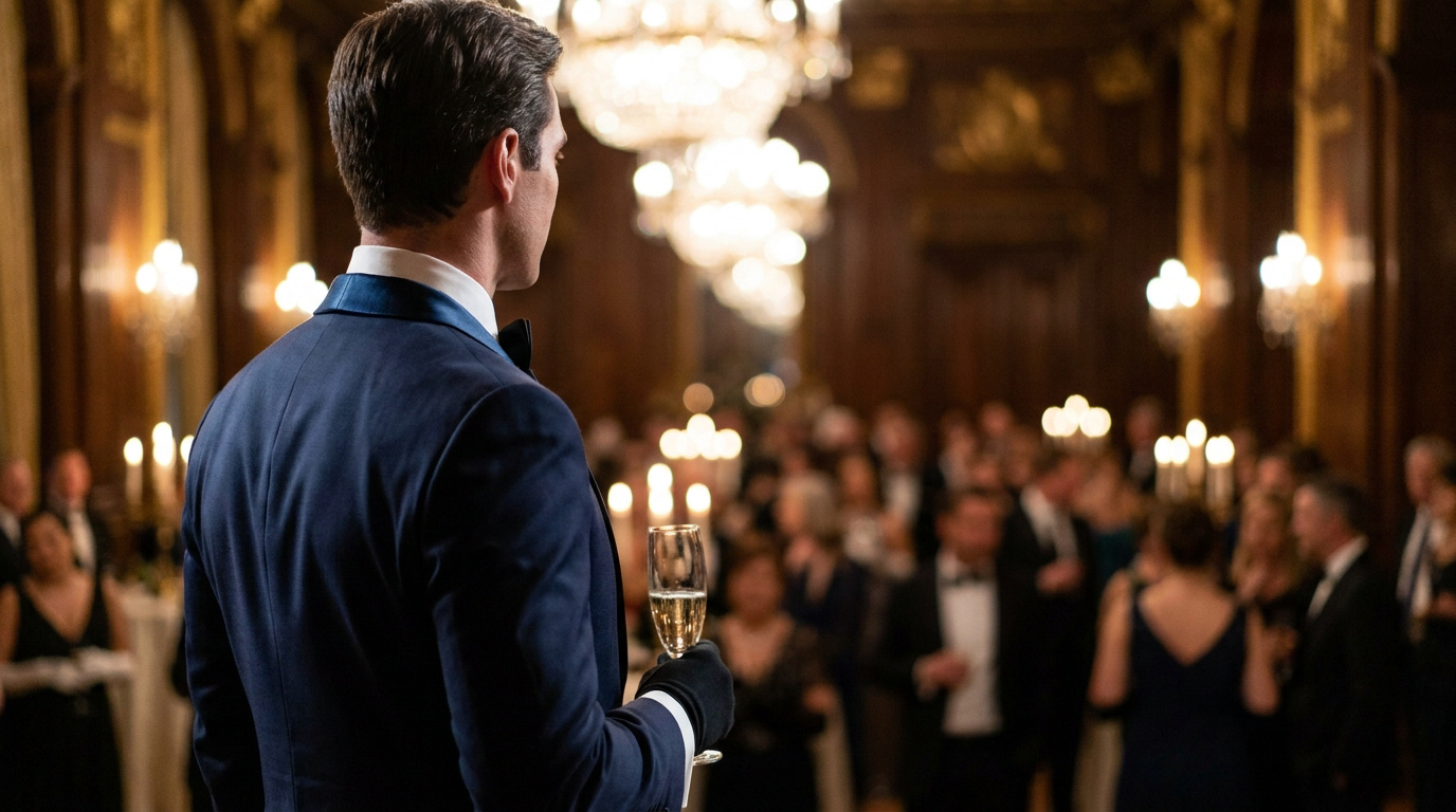 Un homme élégant en costume façon James Bond, de dos, tenant une coupe de champagne dans une main gantée, lors d'un gala.