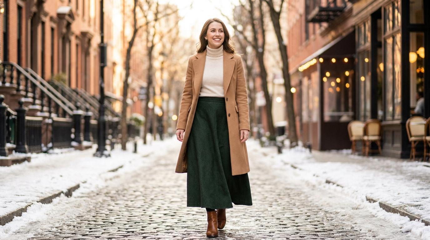 Femme souriante en jupe longue verte, col roulé crème et manteau camel marchant sur une rue enneigée bordée de bâtiments.