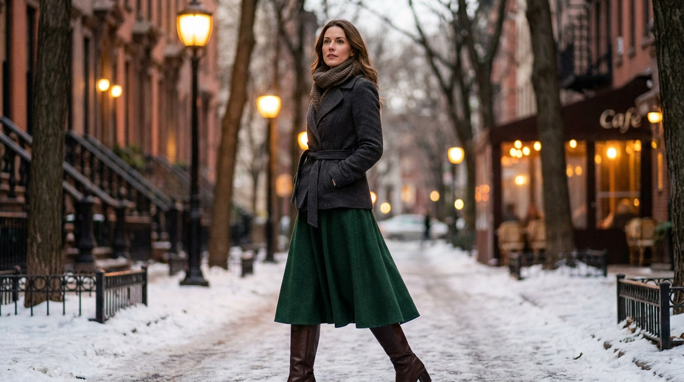 Femme élégante en jupe verte, manteau gris, bottes et écharpe sur une rue enneigée bordée de lampadaires et bâtiments.