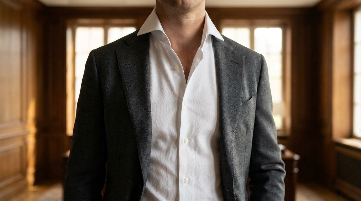 Homme portant une chemise blanche col italien ouverte sous un blazer gris dans une pièce en bois, incarnant l'élégance.
