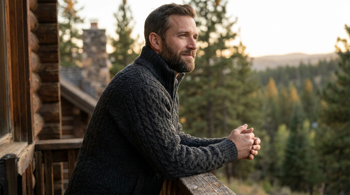 Homme barbu portant une veste en maille torsadée grise, accoudé à une balustrade en bois avec vue sur une forêt.