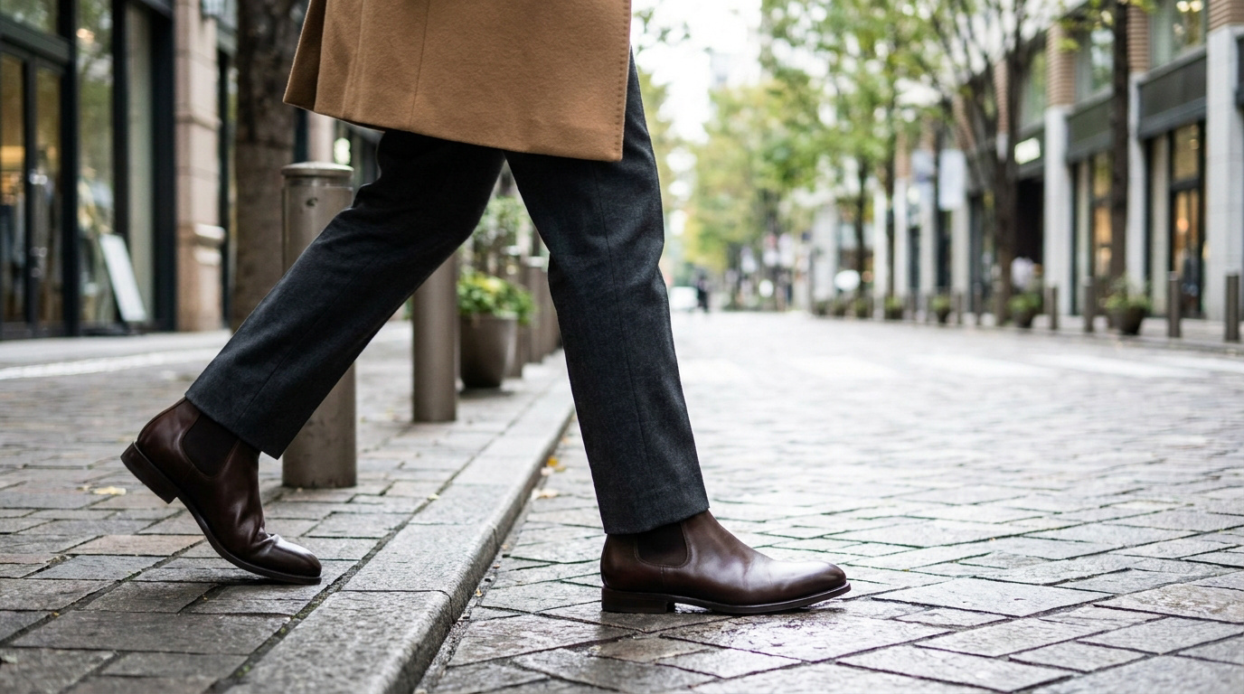 Homme marchant en bottines Chelsea marron, pantalon gris anthracite et manteau beige sur un trottoir pavé. Fond urbain flou.