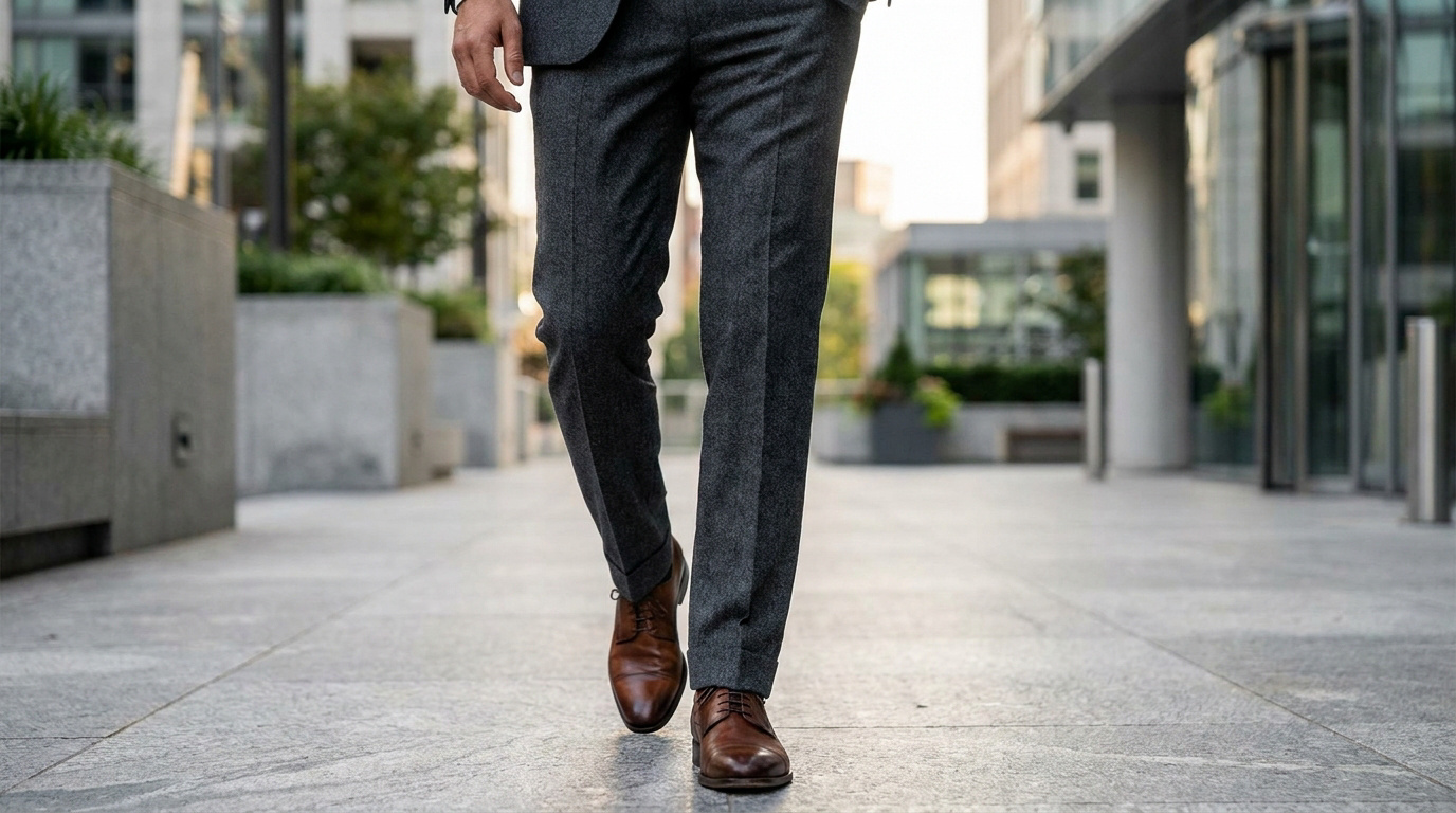 Un homme marchant dans la rue portant un pantalon en laine gris foncé et des chaussures en cuir marron.