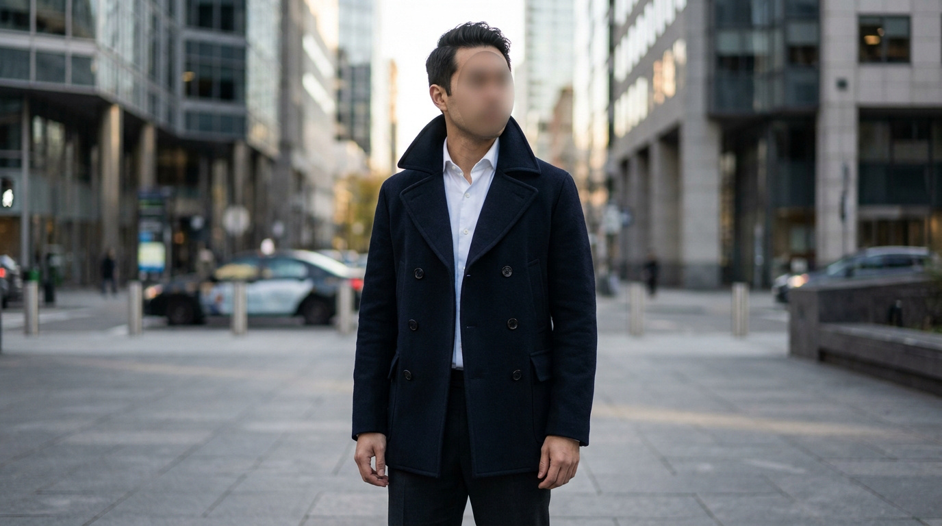 Un homme portant un caban double boutonnage bleu marine et une chemise blanche se tient dans une rue de ville moderne.