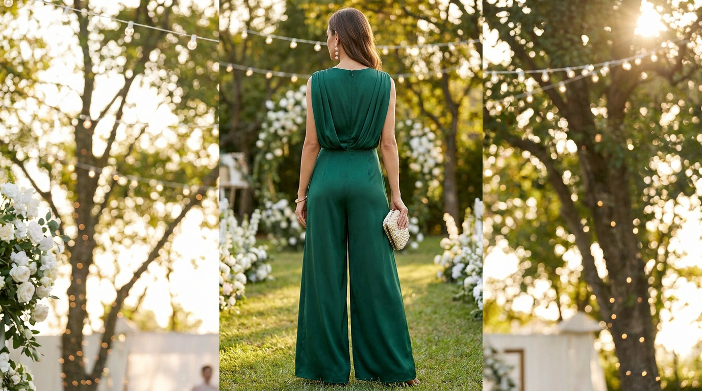 Femme de dos en combinaison pantalon vert émeraude, pochette dorée, dans un jardin illuminé de lumières féeriques.
