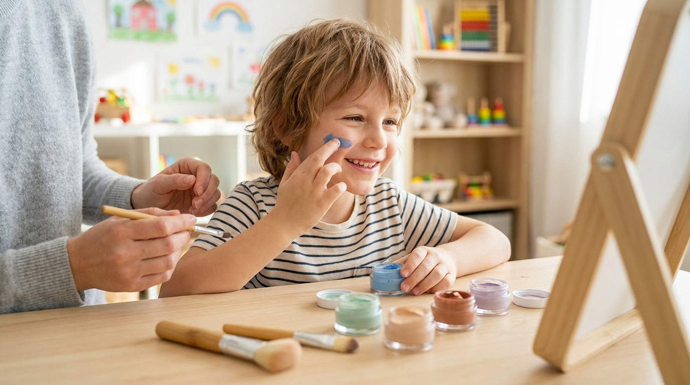 Un jeune garçon souriant applique du maquillage bleu sur sa joue en regardant dans un miroir avec sa maman.