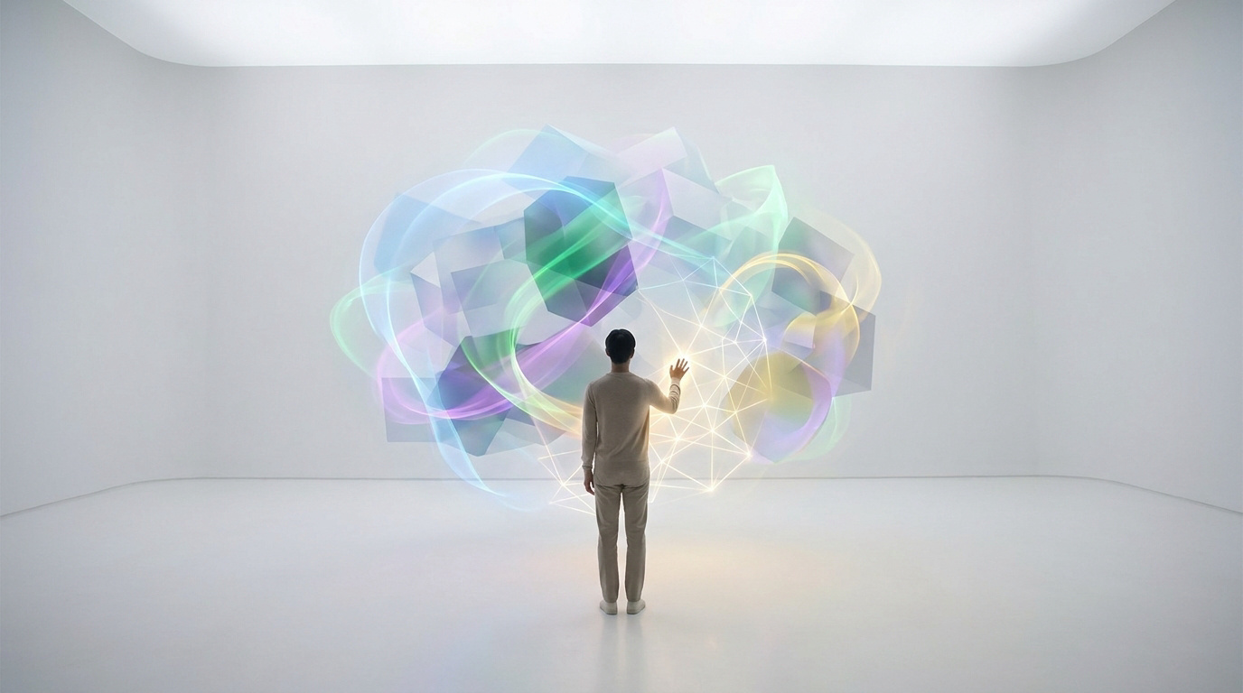 Homme de dos touchant une projection holographique abstraite, lumineuse et multicolore, symbolisant des données complexes.