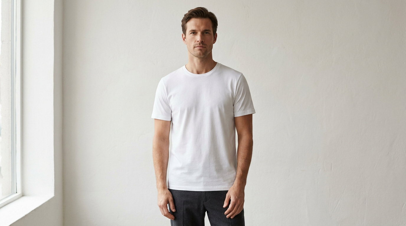 Un homme portant un t-shirt blanc classique devant un mur blanc, éclairé par la lumière naturelle d'une fenêtre.