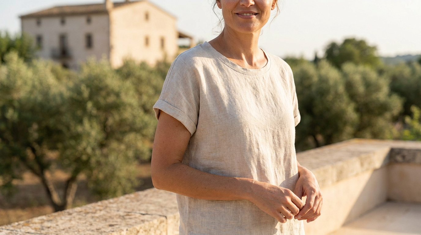 Femme portant un tee-shirt en lin beige à manches courtes devant une oliveraie et une maison de campagne.