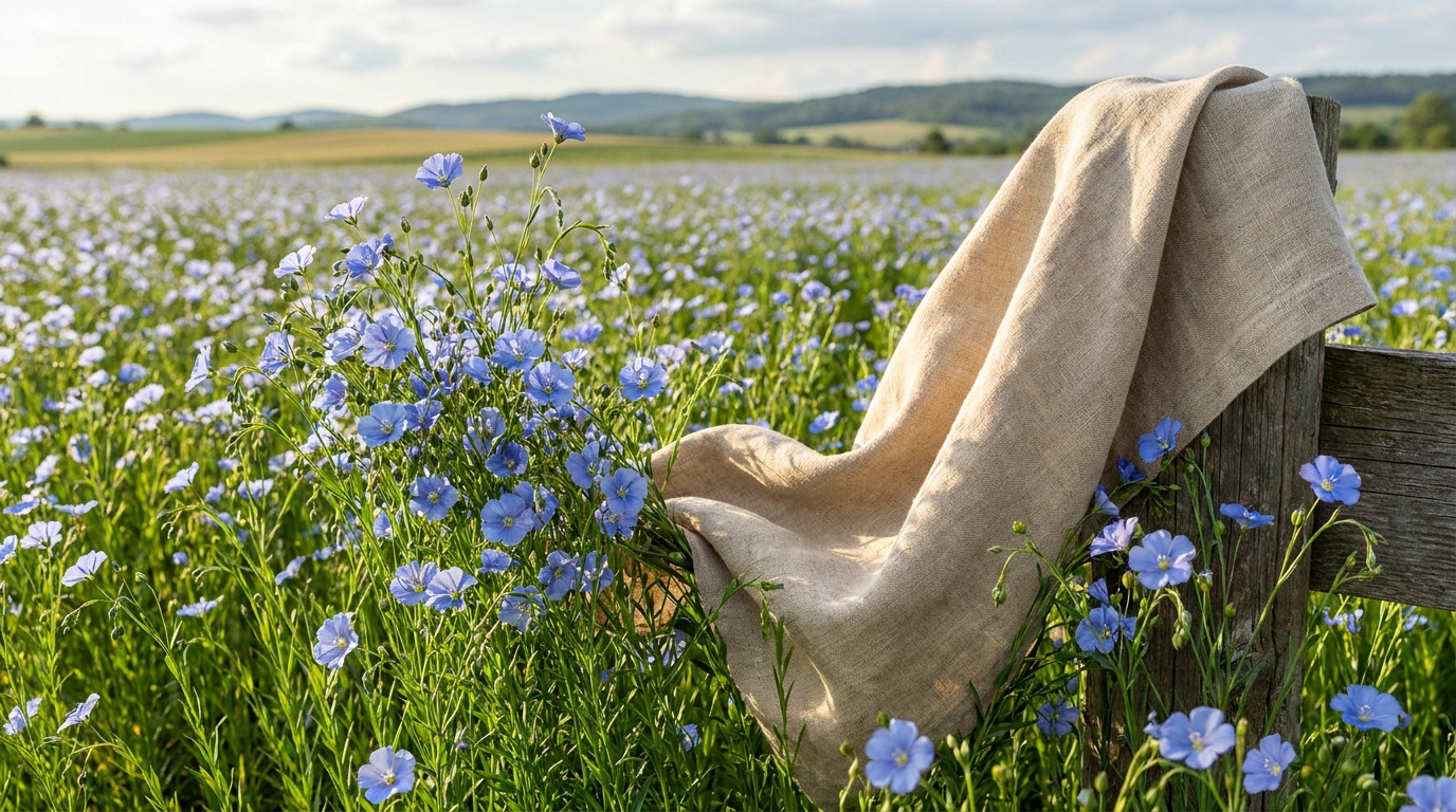Un champ de fleurs de lin bleues avec un morceau de tissu en lin brut suspendu sur une clôture en bois.