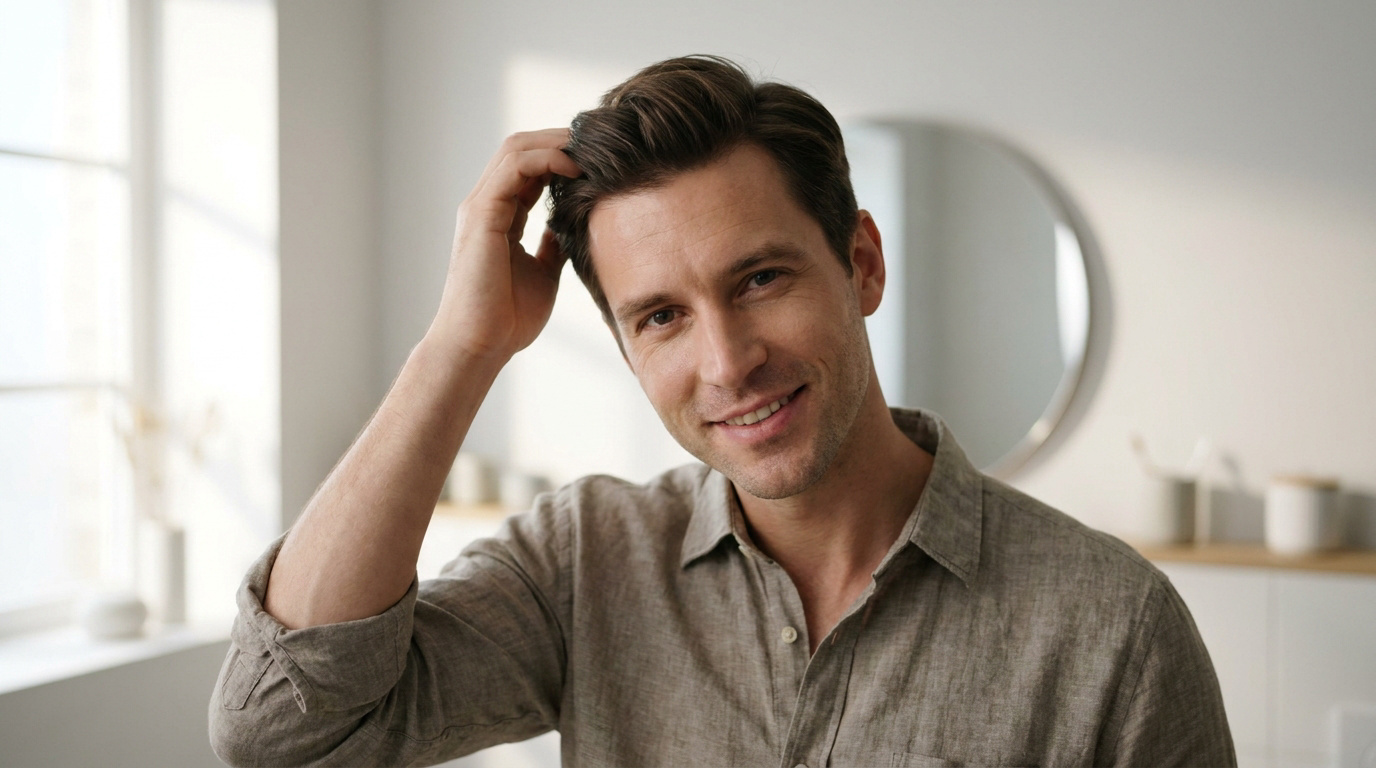 Un homme souriant se coiffe les cheveux, mettant en avant une coloration naturelle et soignée.