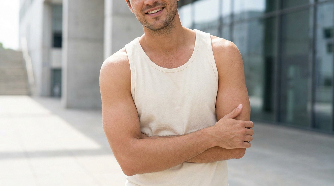 Un homme souriant portant un débardeur blanc basique, debout devant un immeuble moderne.