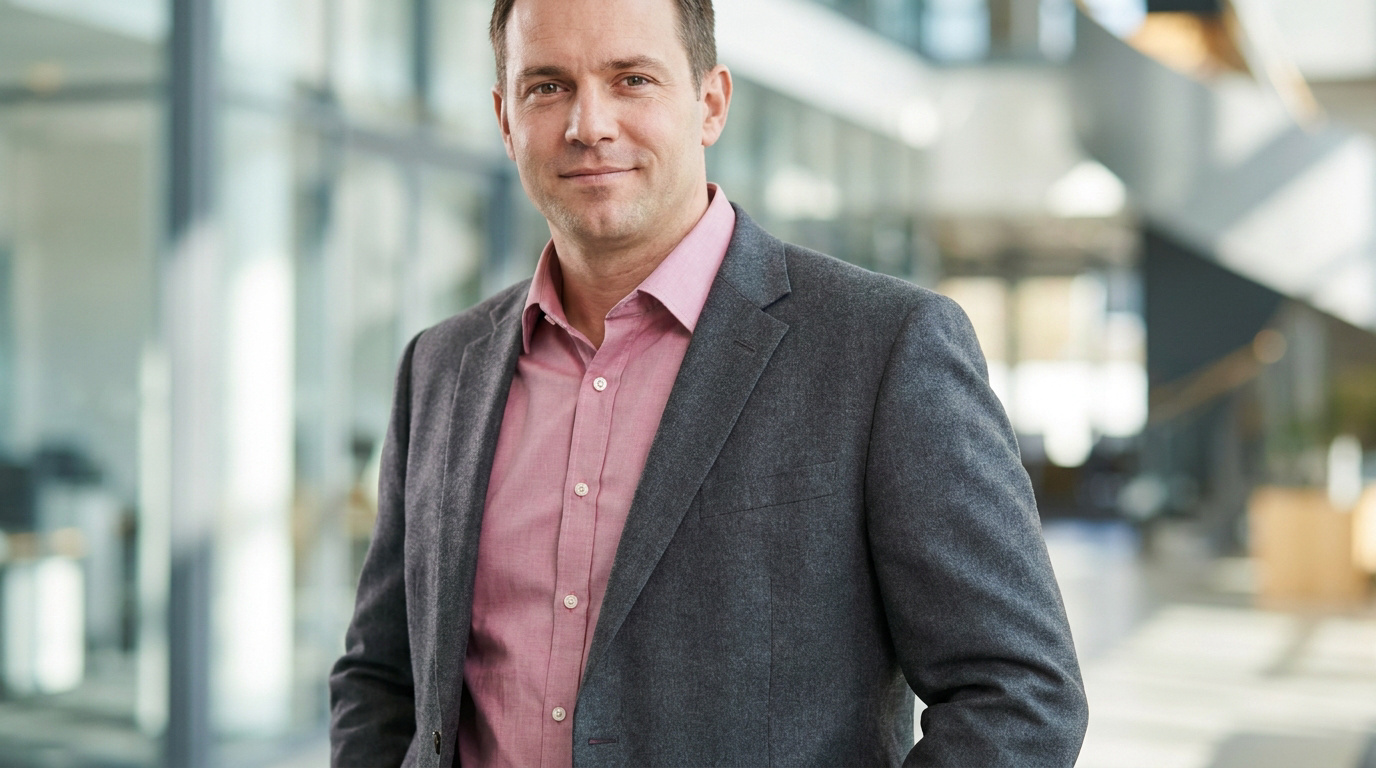 Homme d'affaires portant une chemise rose et un blazer gris dans un bureau moderne.
