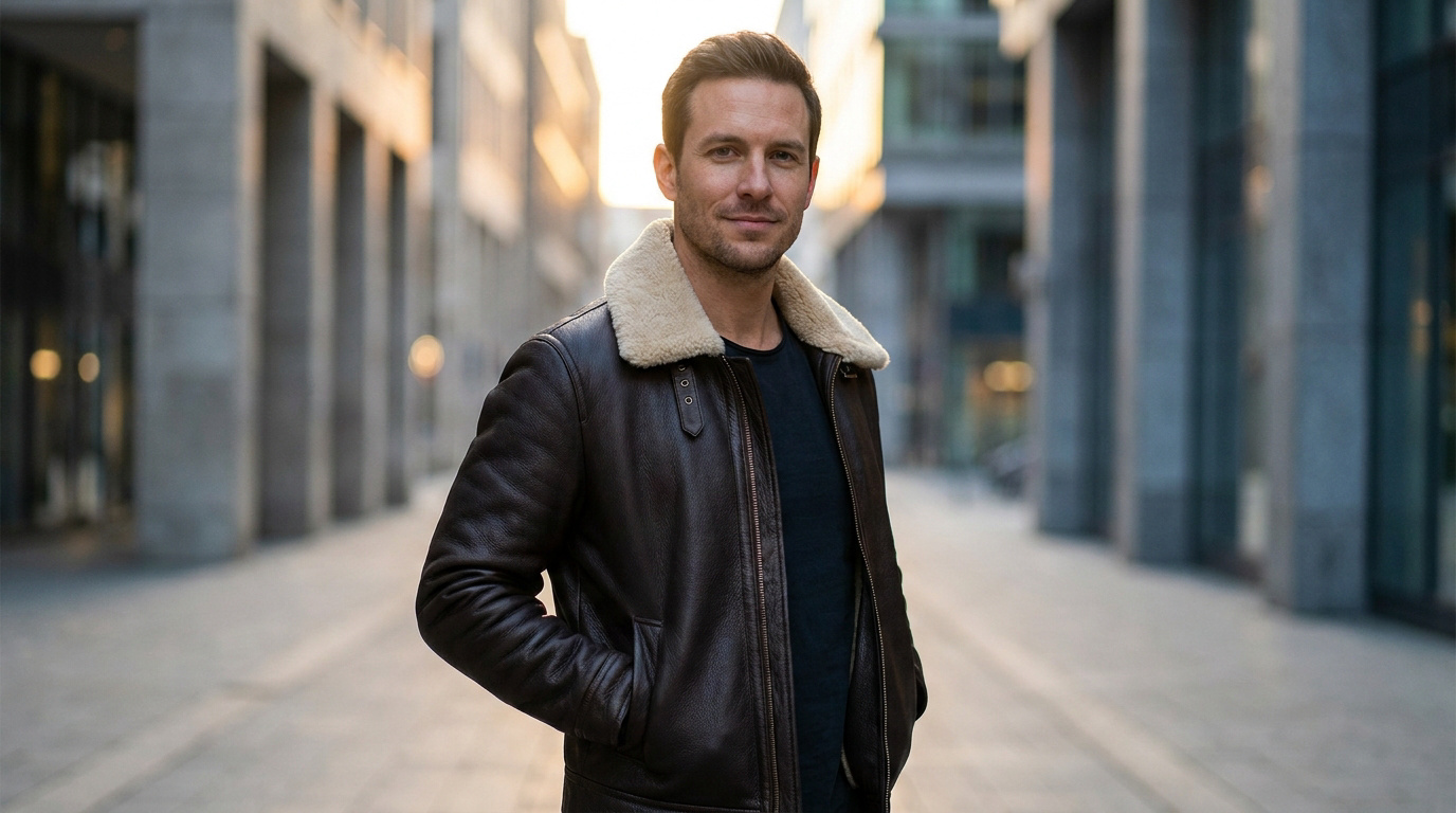 Homme souriant en blouson aviateur en cuir marron avec col en peau lainée, mains dans les poches, devant bâtiments urbains.