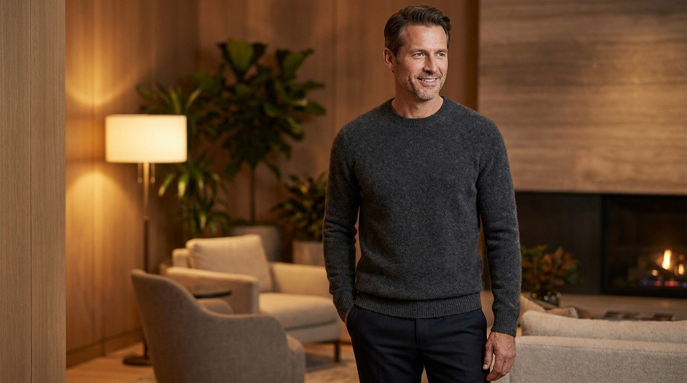 Homme souriant en pull gris foncé et pantalon noir, mains dans les poches, dans un salon moderne avec cheminée et lumière tamisée.