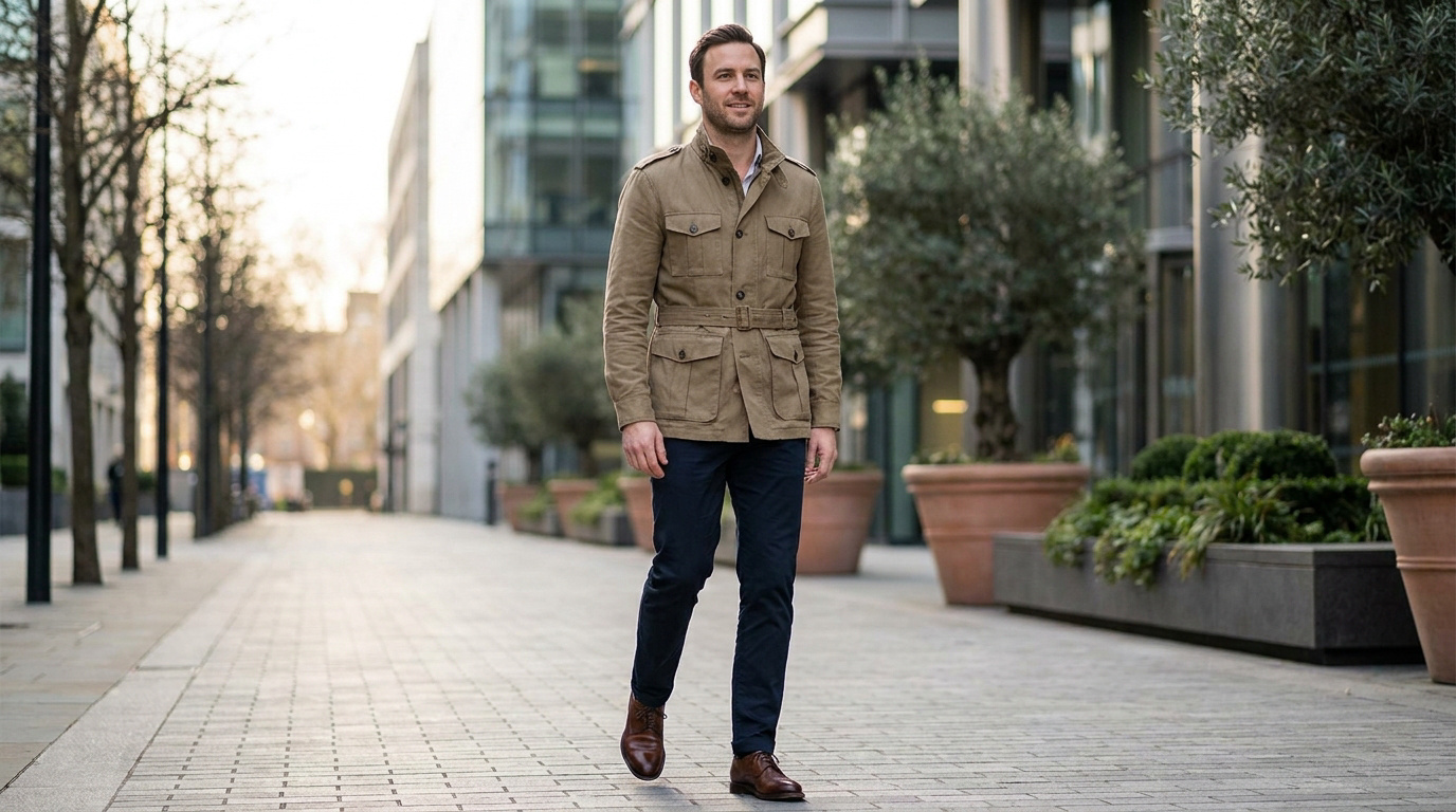 Homme souriant en veste saharienne beige ceinturée, pantalon bleu marine, marchant sur une rue urbaine moderne.