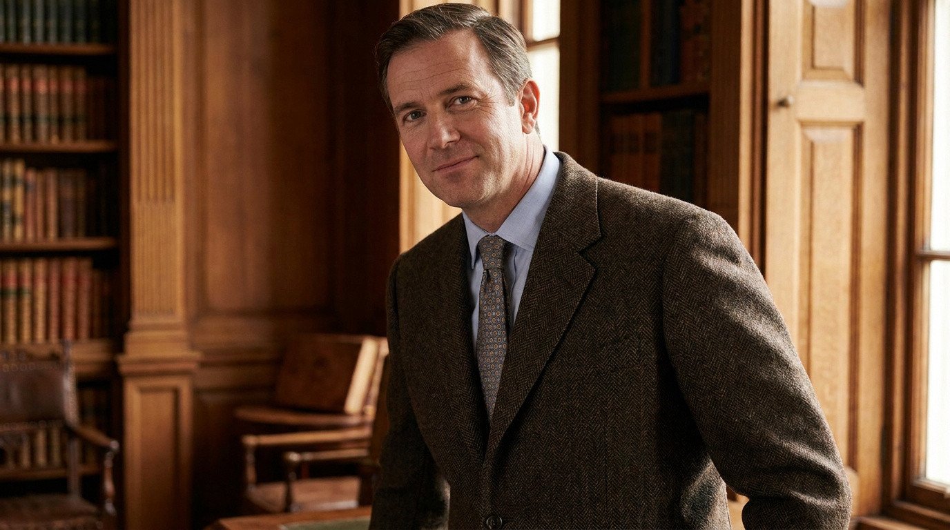Homme souriant en veste de tweed marron, chemise bleue et cravate à motifs, posant dans une bibliothèque en bois sombre.