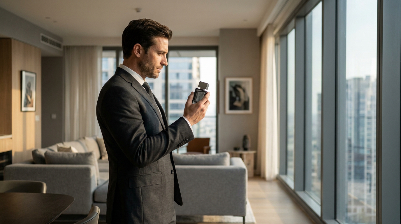 Un homme élégant en costume regarde un flacon de parfum YSL dans un appartement moderne avec vue sur la ville.
