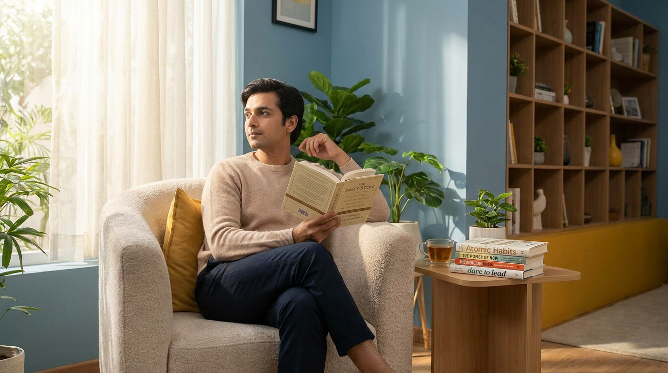 Un homme lit 'The Daily Stoic' dans un fauteuil confortable, avec une pile de livres de développement personnel à côté.