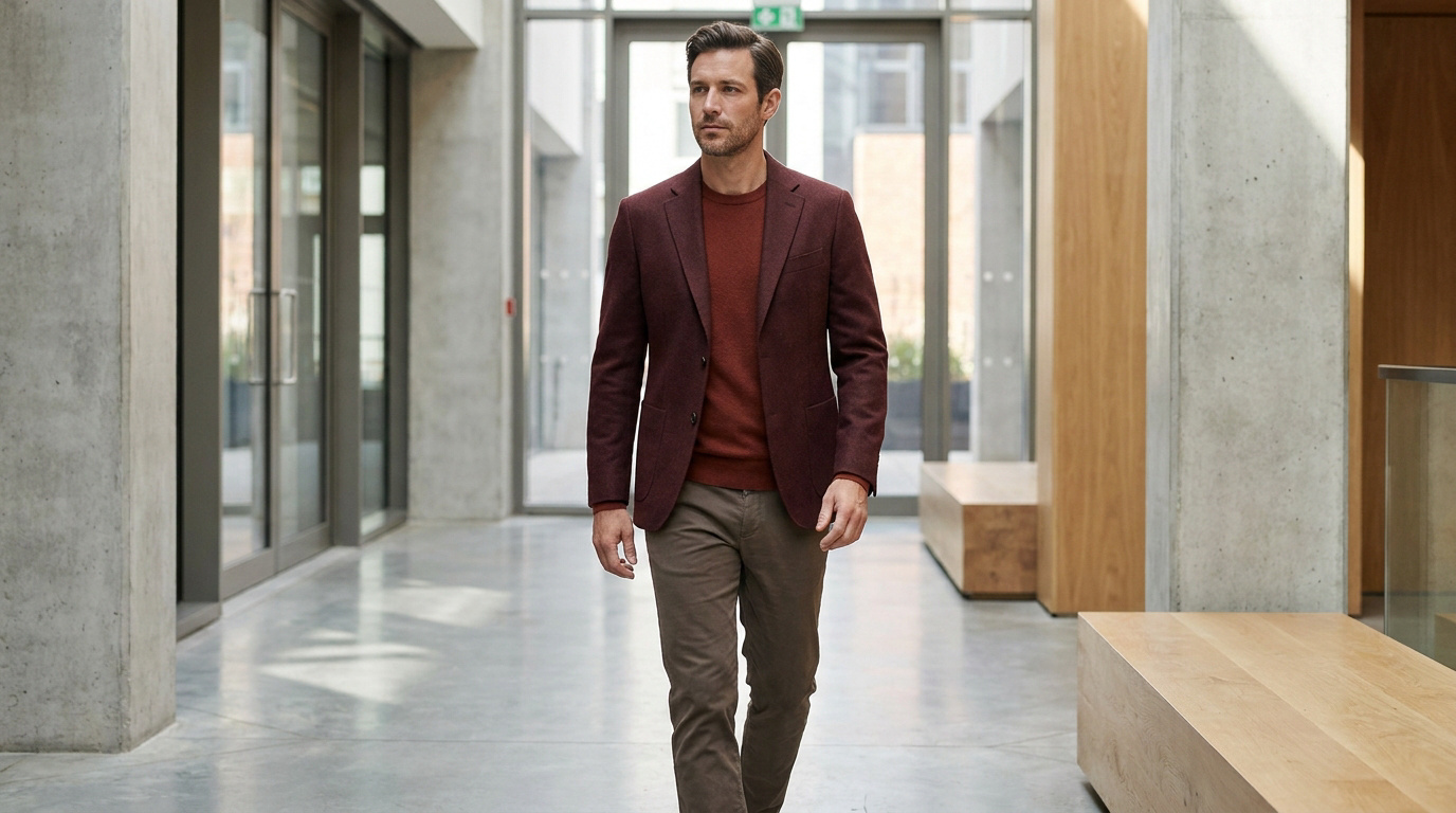 Homme élégant en blazer bordeaux, pull assorti et pantalon taupe, marchant dans un couloir moderne lumineux.