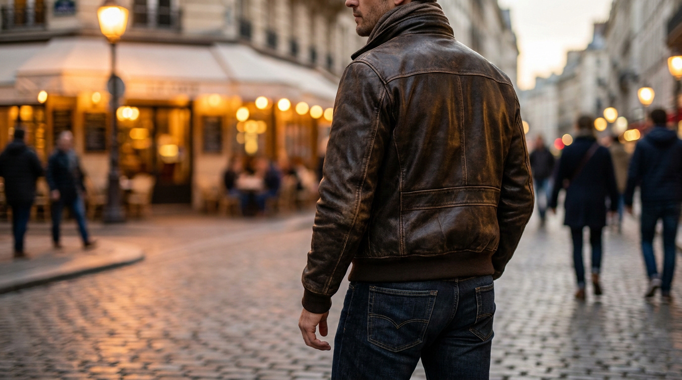 Homme de dos en blouson cuir marron et jean bleu, marchant sur une rue pavée éclairée par des lanternes. Café en arrière-plan.